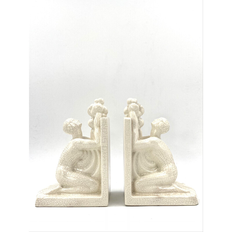 Pair of vintage art deco bookends in crackle, France 1930