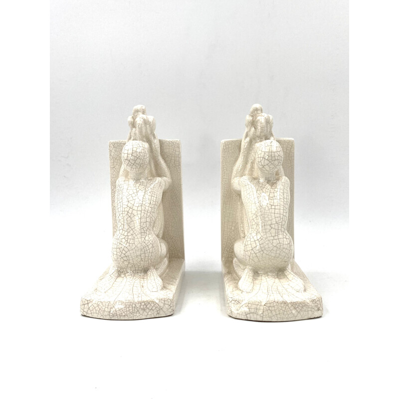 Pair of vintage art deco bookends in crackle, France 1930