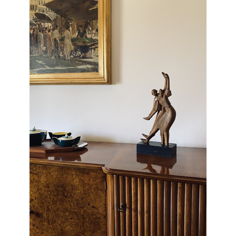 Vintage Art Deco cubist "Pierrot & Colombine" wooden sculpture, France 1940s