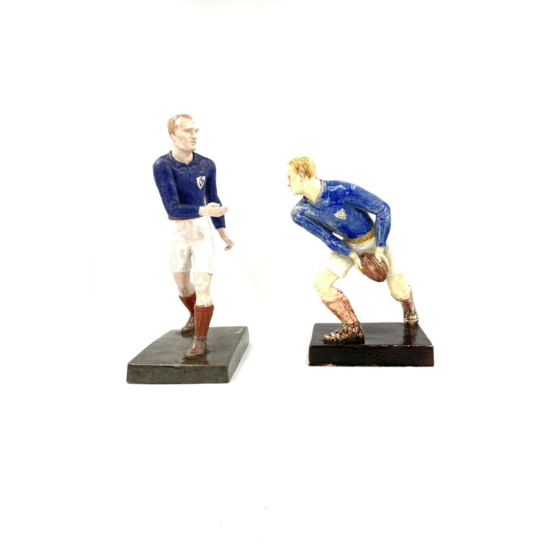 Pair of vintage sculptures of rugby players by Willy Wuilleumier for G.A.M, France 1940