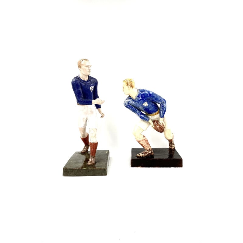 Paire de sculptures vintage les joueurs de rugby par Willy Wuilleumier pour G.A.M, France 1940