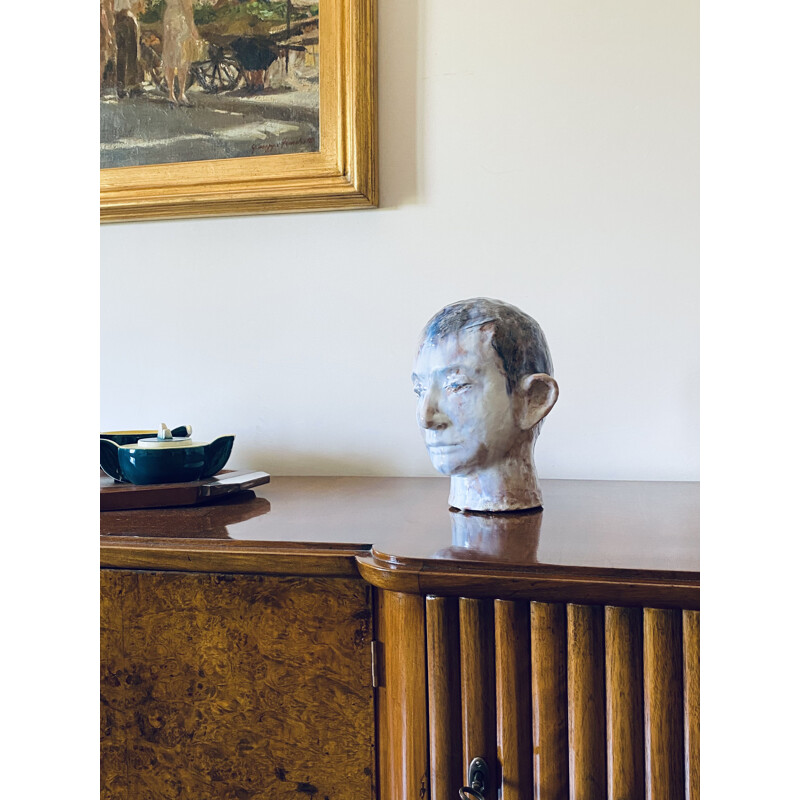 Escultura vintage de terracota esmaltada con cabeza de niño, Francia 1958