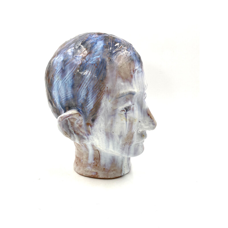 Vintage boy's head sculpture in enameled clay, France 1958