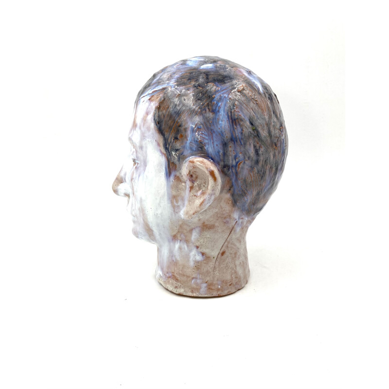 Vintage boy's head sculpture in enameled clay, France 1958