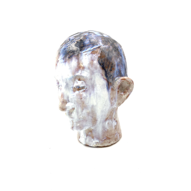 Vintage boy's head sculpture in enameled clay, France 1958