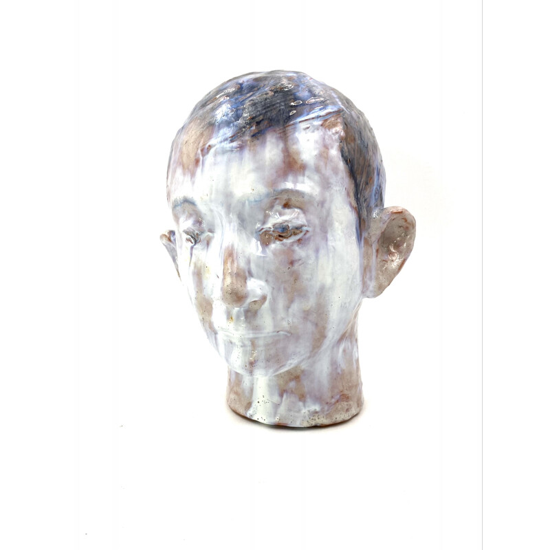 Vintage boy's head sculpture in enameled clay, France 1958