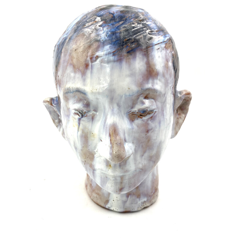 Sculpture de tête de garçon vintage en terre cuite émaillée, France 1958