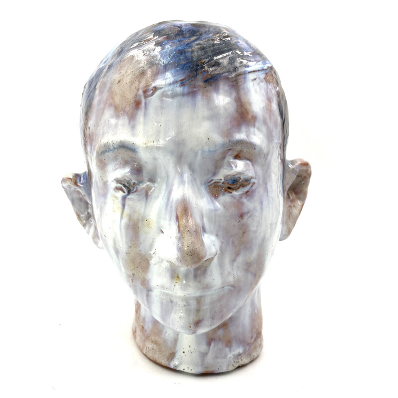 Sculpture de tête de garçon vintage en terre cuite émaillée, France 1958