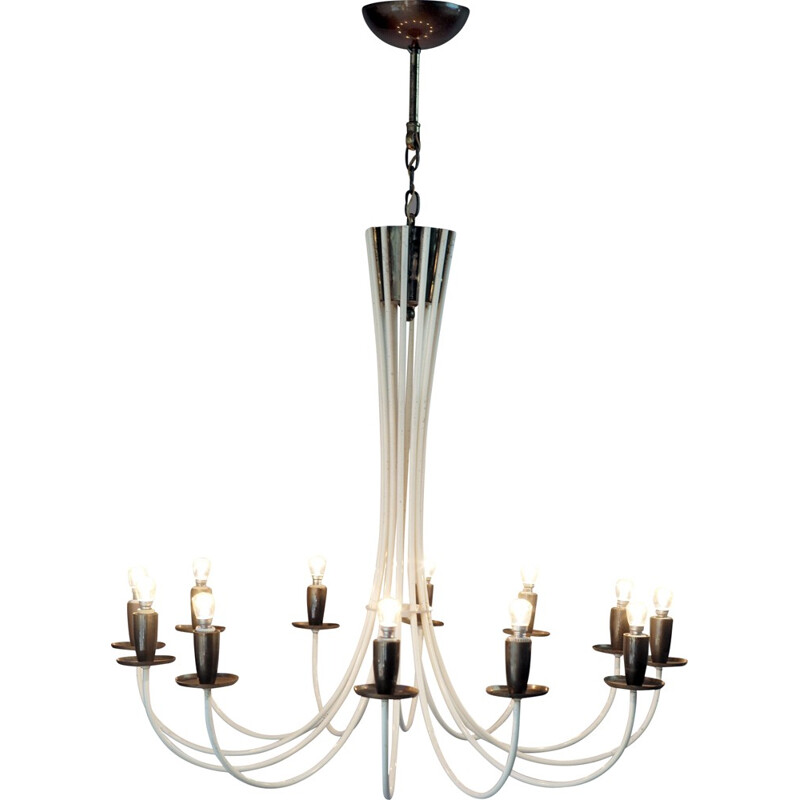 Italian chandelier in white lacquered metal with 12 lights - 1950s