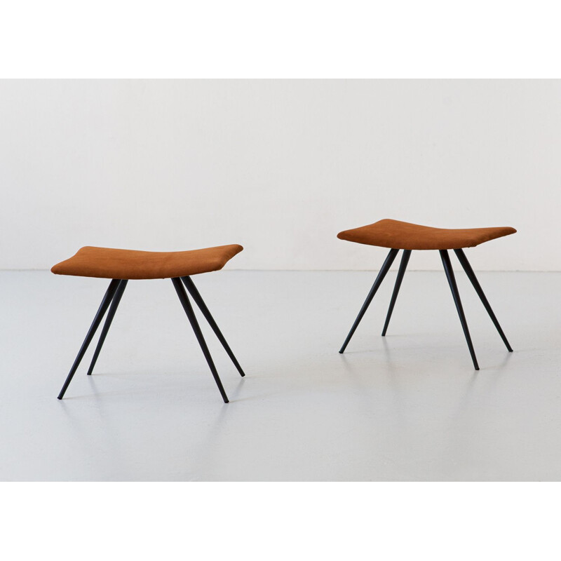 Pair of Italian vintage stools in cognac suede leather, 1950s