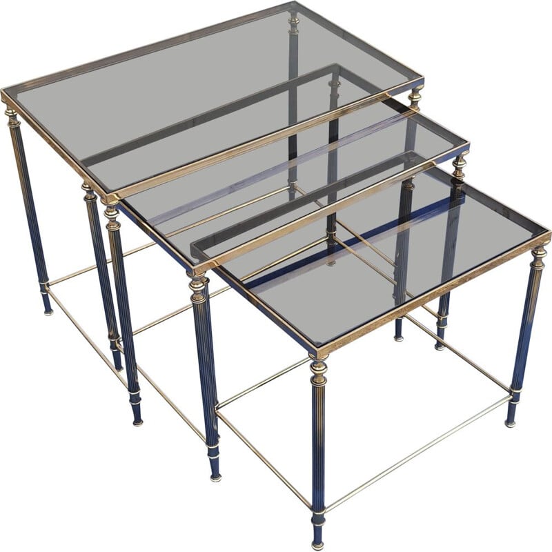 Vintage nesting tables in brass and smoked glass