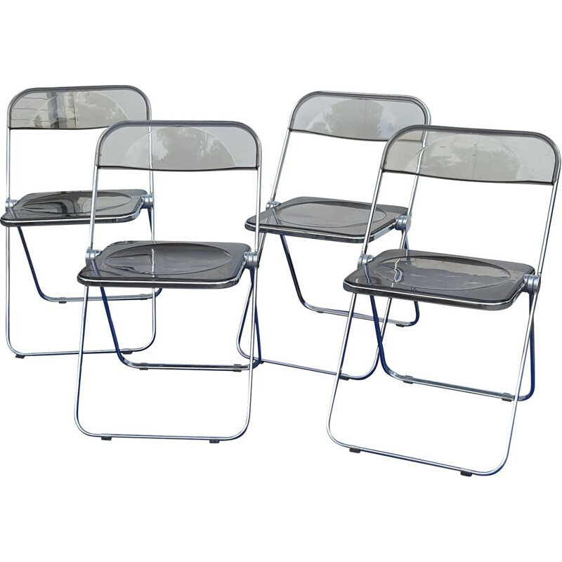 Set of 4 vintage chairs in chromed metal and smoked plexiglas by Giancarlo Pirelli for Castelli
