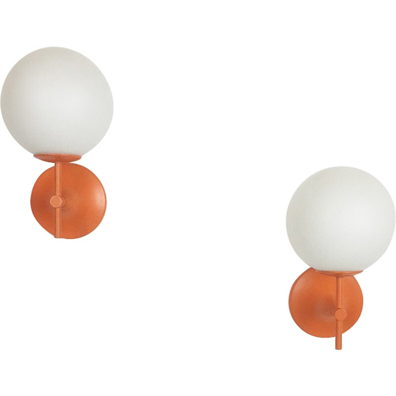 Pair of Temde orange wall lamps in glass and metal, Max BILL - 1970s