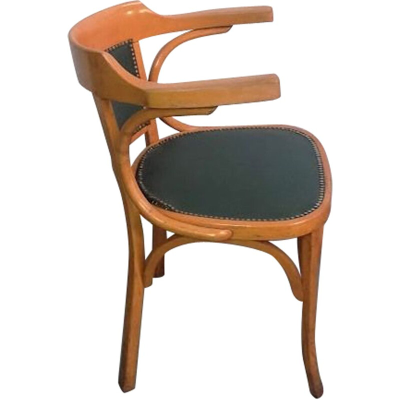 Fauteuil de bureau vintage en bois de hêtre et cuir par Baumann, 1960