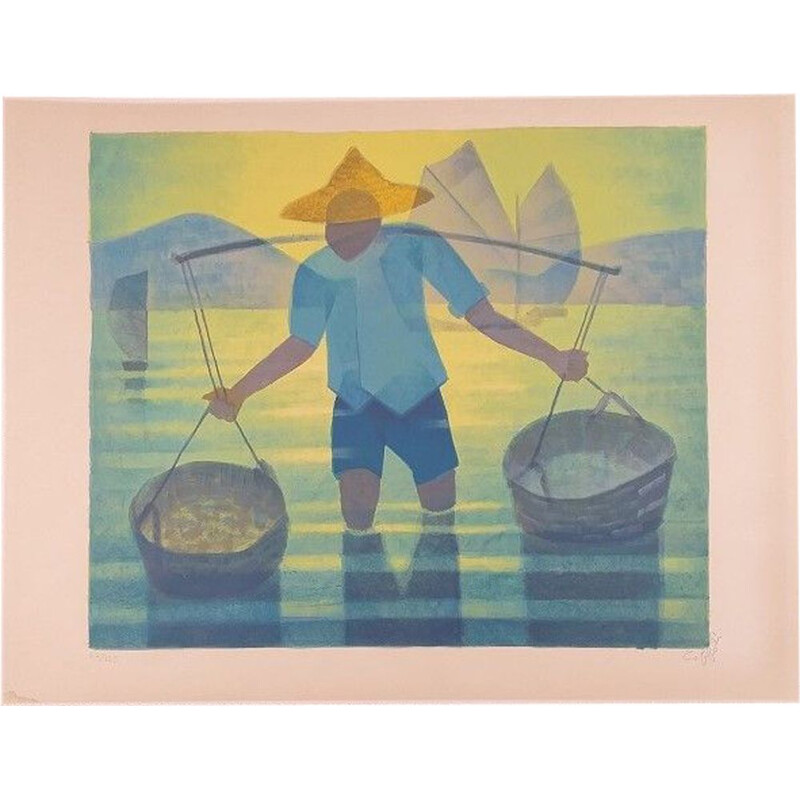 Original vintage lithograph "Rice field" by Toffoli