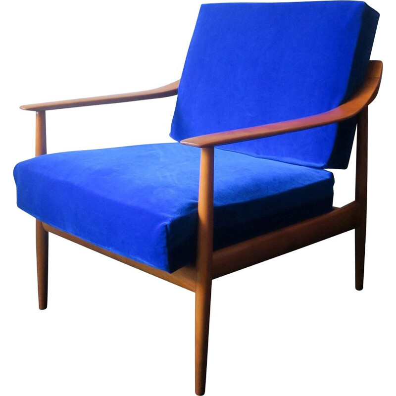 Mid century blue velvet armchair with curved back & sprung cushions, 1960s