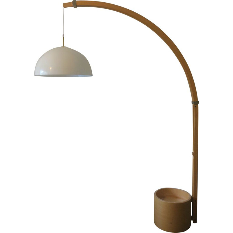 Mid century Scandinavian wood and brass arc floor lamp