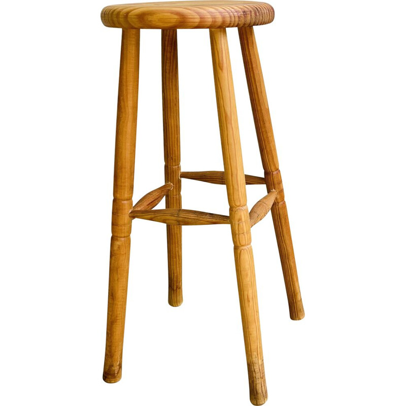 Vintage high stool in turned wood, 1970-1980