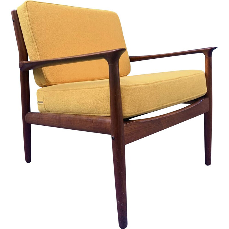 Fauteuil danois vintage en teck et tissu jaune de Grete Jalk, 1970