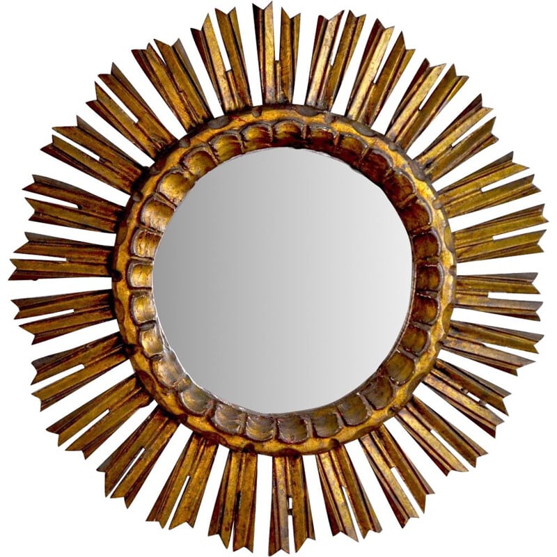 Vintage gilded wood sun mirror, France 1960