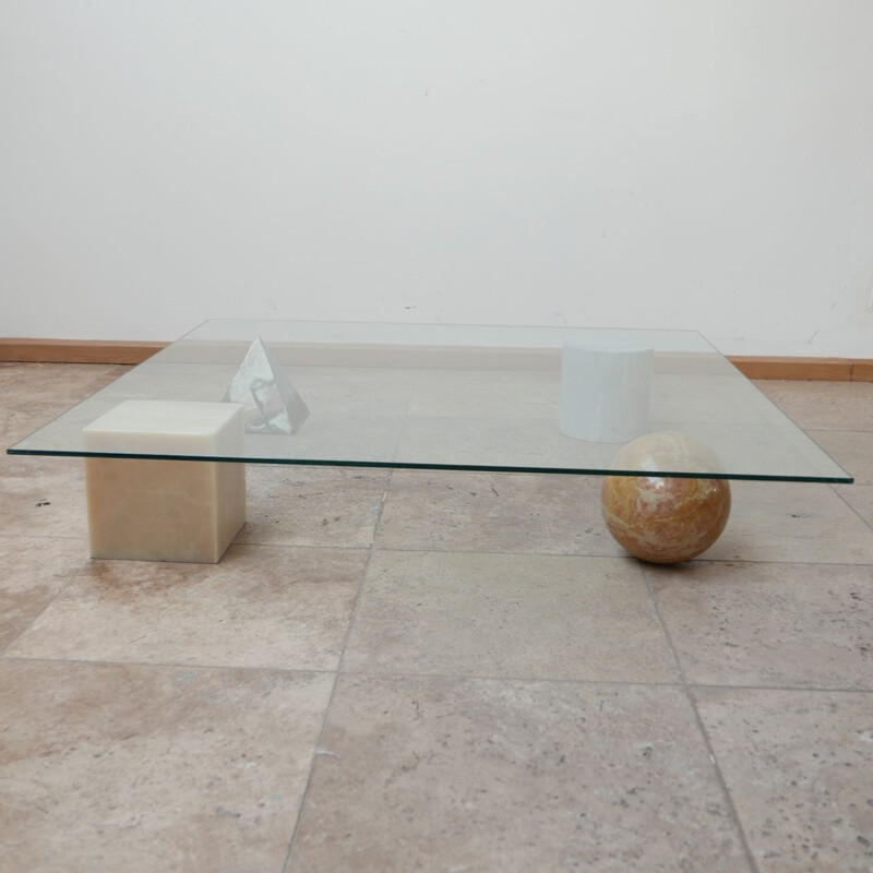 Table basse italienne vintage en marbre et verre Vignelli, 1970