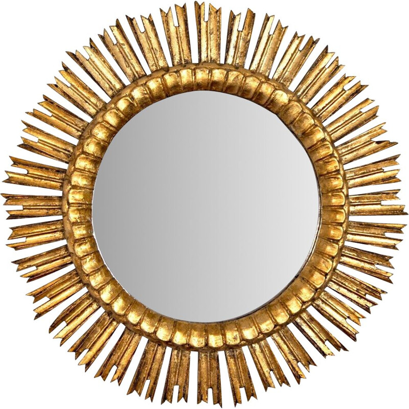Mid century sun mirror in golden wood, 1950