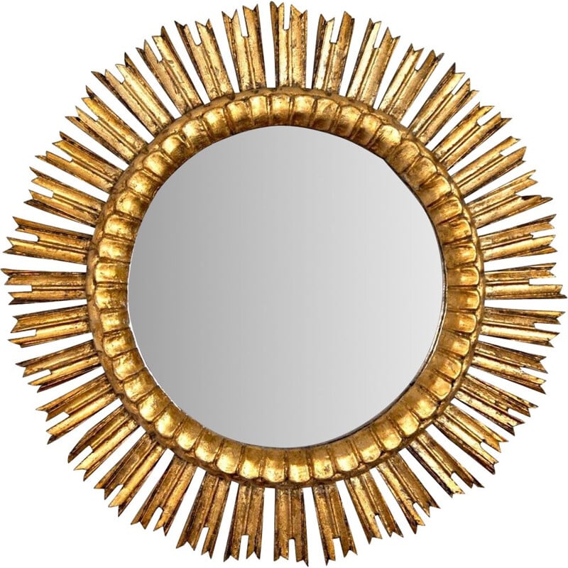 Mid century sun mirror in golden wood, 1950