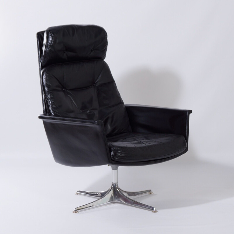 Cadeira giratória Vintage Sedia em couro preto por Horst Brüning para Cor, Alemanha 1960