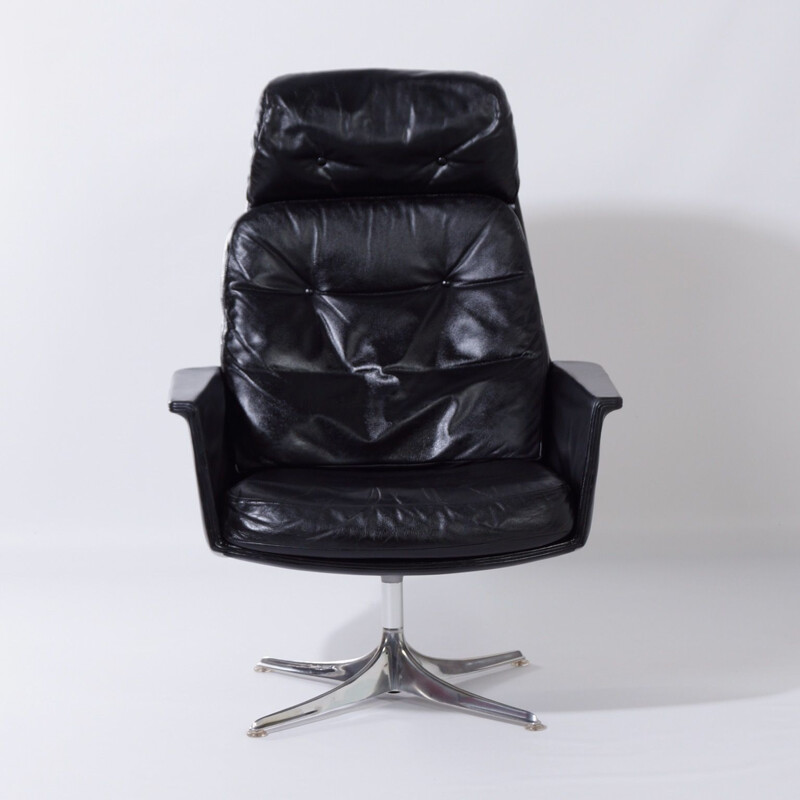 Sedia black leather vintage swivel chair by Horst Brüning for Cor, Germany 1960s