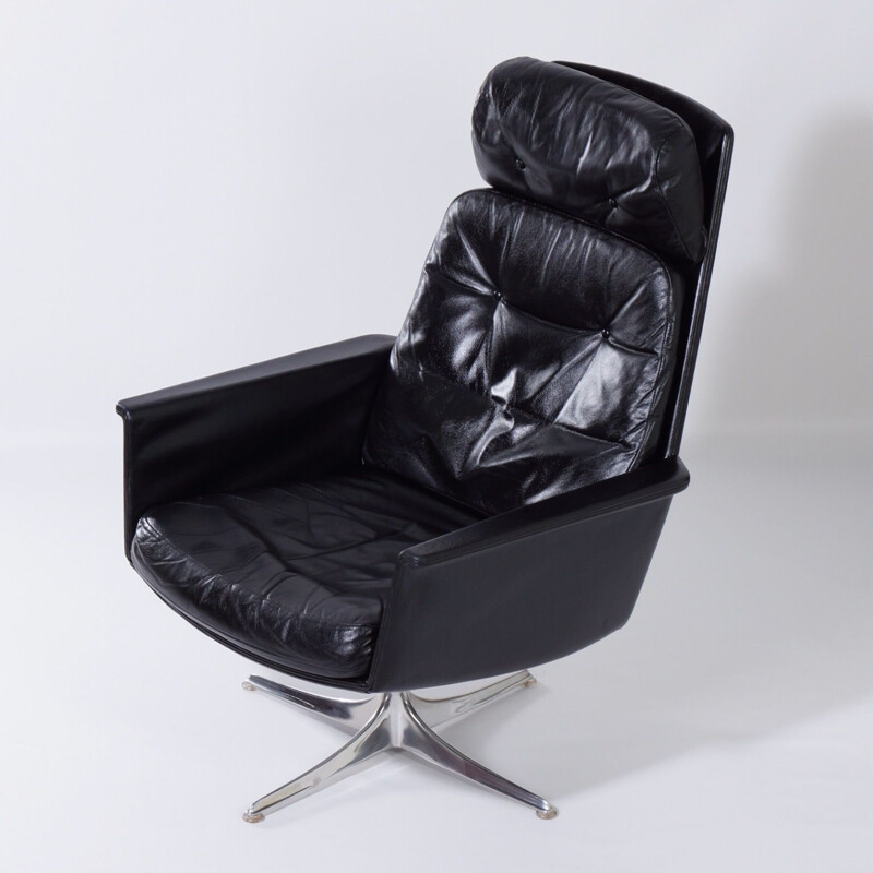Cadeira giratória Vintage Sedia em couro preto por Horst Brüning para Cor, Alemanha 1960