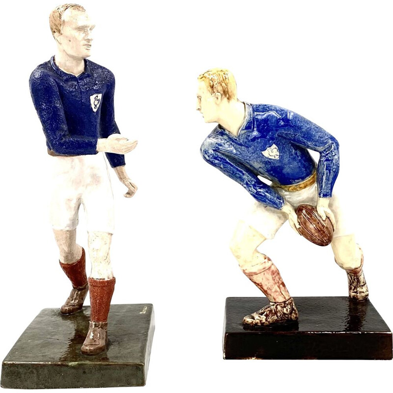 Paire de sculptures vintage les joueurs de rugby par Willy Wuilleumier pour G.A.M, France 1940
