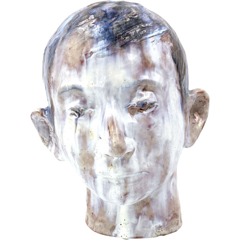 Scultura vintage di testa di ragazzo in terracotta smaltata, Francia 1958