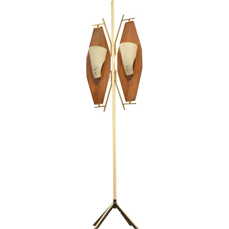 Italian Stilnovo floor lamp in teak and opaline glass - 1950s