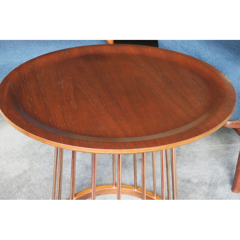Table basse circulaire vintage en teck et cuivre