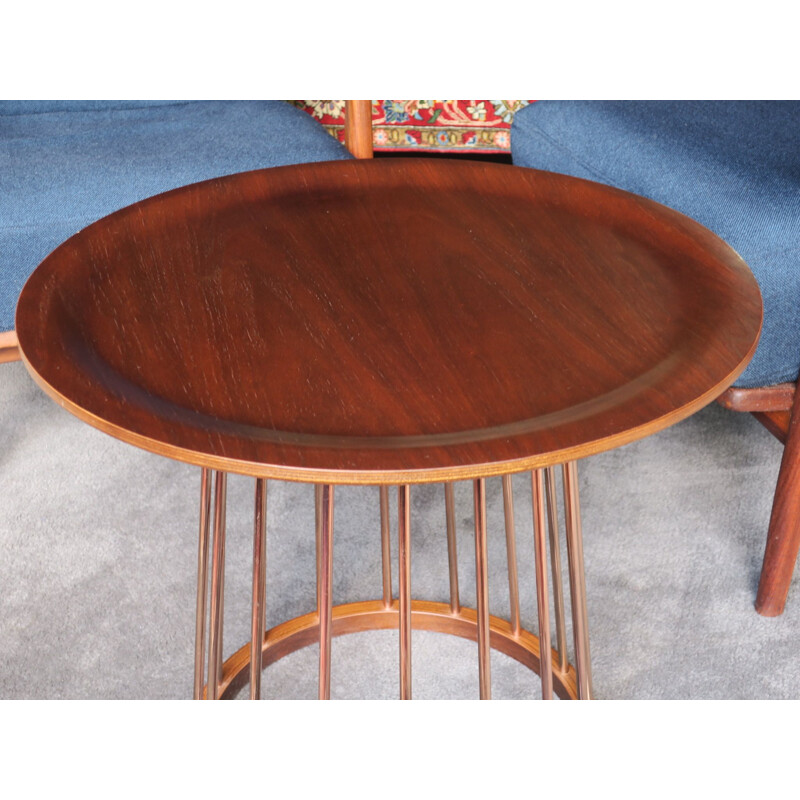 Mesa de café circular de teca e cobre Vintage
