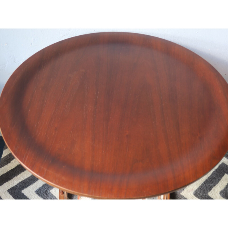 Mesa de centro circular vintage de teca y cobre