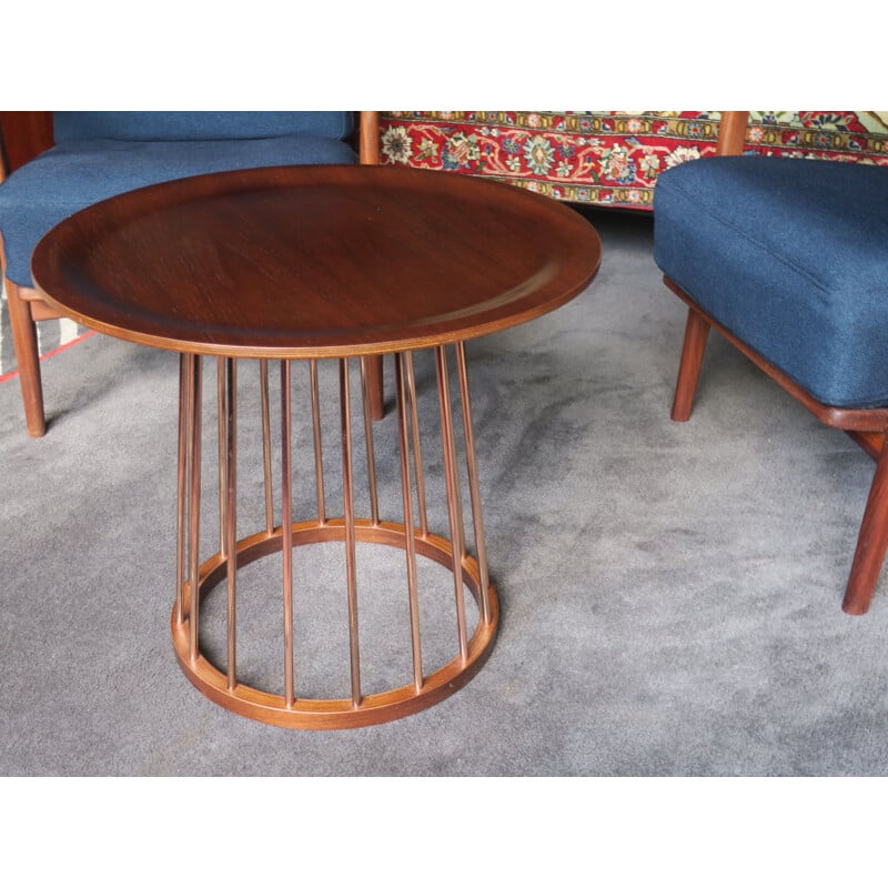 Table basse circulaire vintage en teck et cuivre