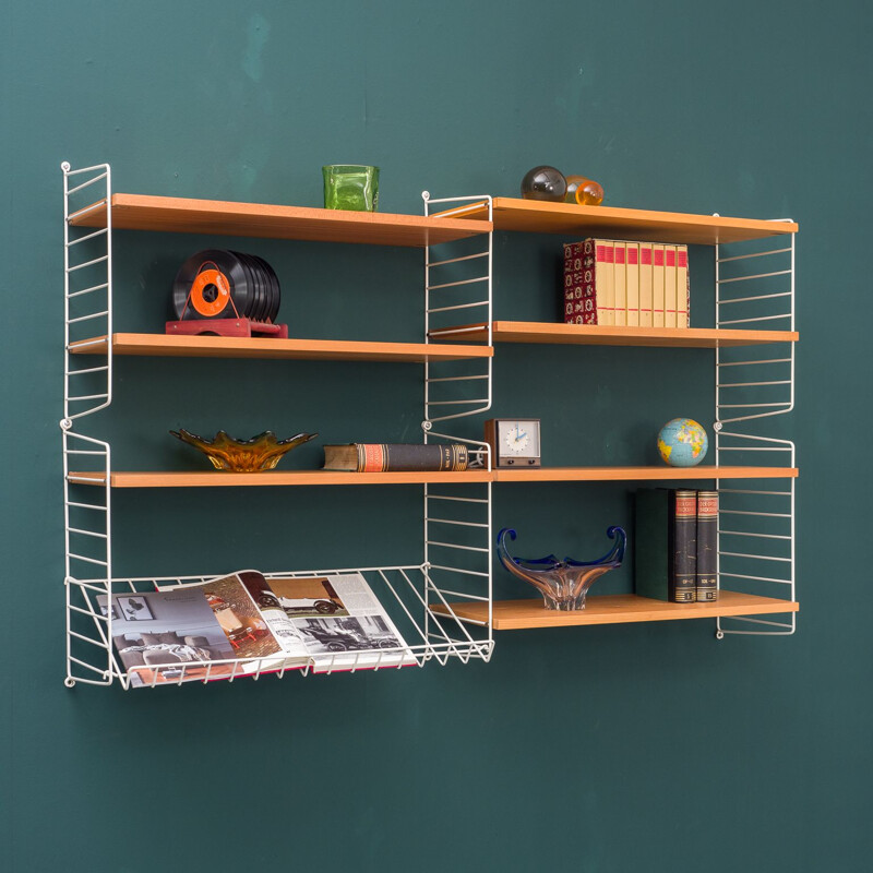 Vintage ashwood String shelving unit with magazine shelf by Nisse Strinning, 1960s