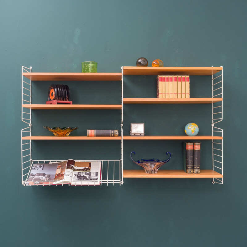 Vintage ashwood String shelving unit with magazine shelf by Nisse Strinning, 1960s