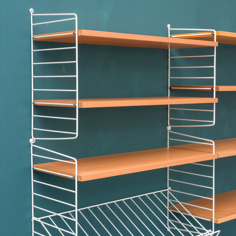 Vintage ashwood String shelving unit with magazine shelf by Nisse Strinning, 1960s