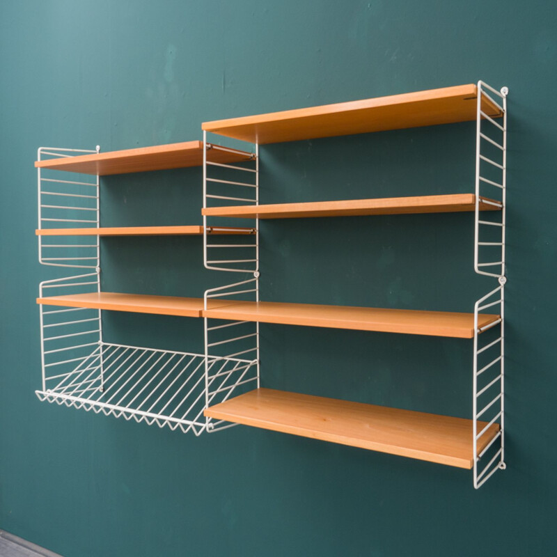 Vintage ashwood String shelving unit with magazine shelf by Nisse Strinning, 1960s