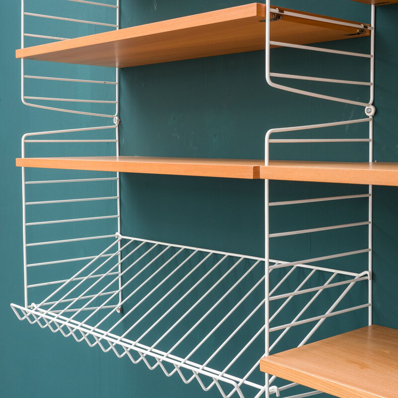 Vintage ashwood String shelving unit with magazine shelf by Nisse Strinning, 1960s