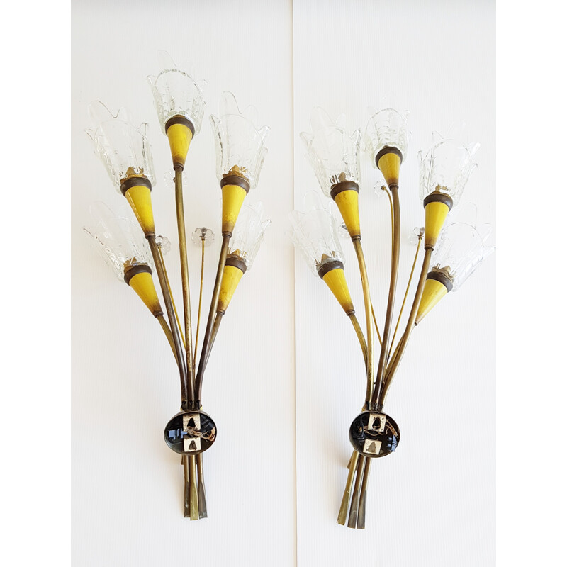Pair of big Lunel sconces in brass and glass - 1950s