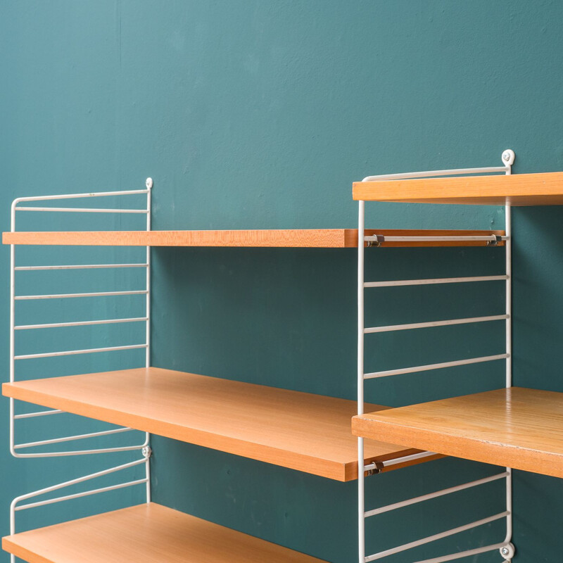 Vintage ashwood String shelving unit with magazine shelf by Nisse Strinning, 1960s