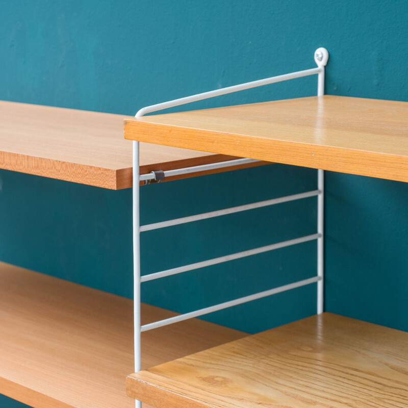 Vintage ashwood String shelving unit with magazine shelf by Nisse Strinning, 1960s