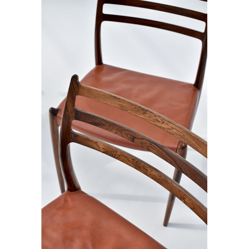 Set Of 4 vintage Model 78 Brazilian Rosewood Chairs With Original Leather Niels Moller  1960s