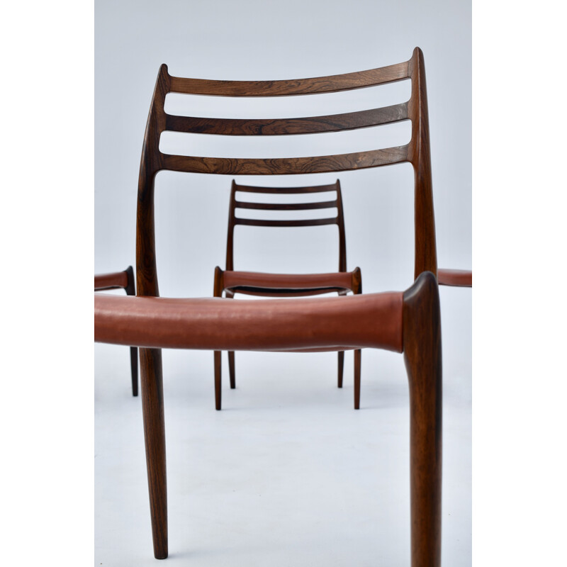 Set Of 4 vintage Model 78 Brazilian Rosewood Chairs With Original Leather Niels Moller  1960s