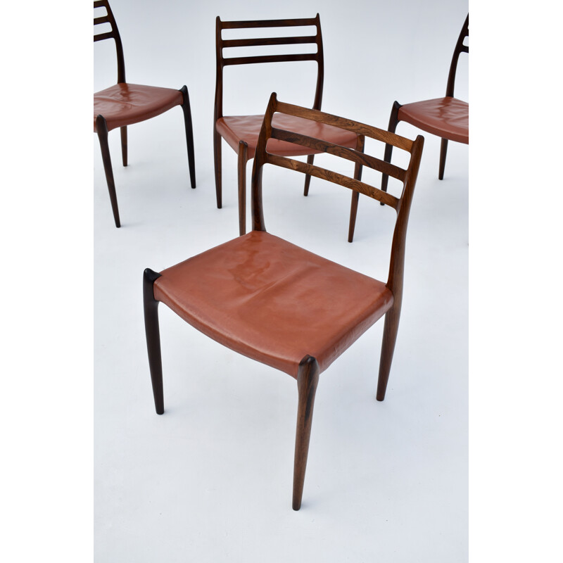 Set Of 4 vintage Model 78 Brazilian Rosewood Chairs With Original Leather Niels Moller  1960s