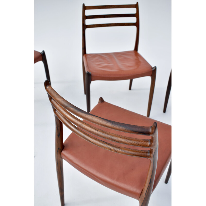 Set Of 4 vintage Model 78 Brazilian Rosewood Chairs With Original Leather Niels Moller  1960s