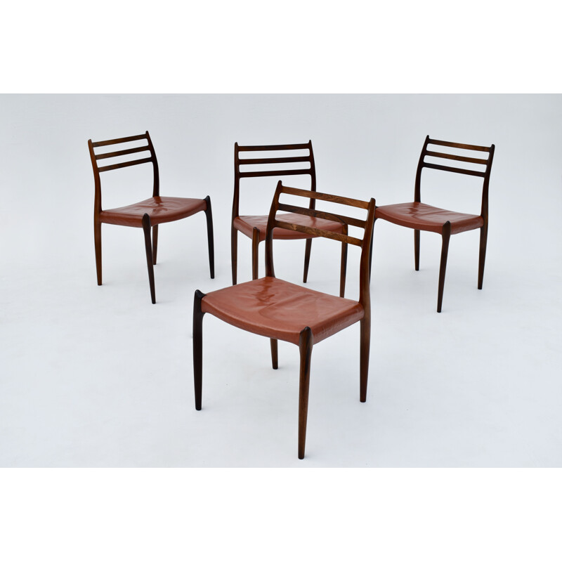 Set Of 4 vintage Model 78 Brazilian Rosewood Chairs With Original Leather Niels Moller  1960s